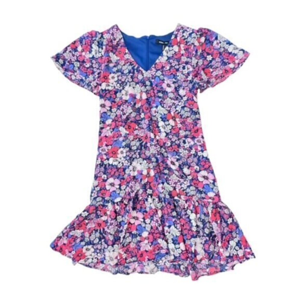 BCBG Paris Floral Ruffle Hem Dress‎ Short Sleeve Lined COTTAGE Cowgirl Sz XS NWT